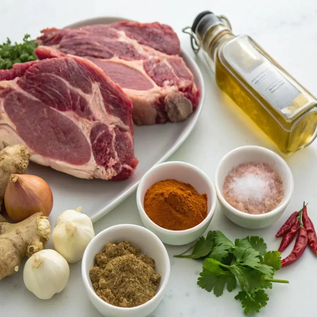 Two raw lamb steaks rest on a white plate, flanked by small bowls of spices, including ground cumin and red chili powder. Alongside these are whole ingredients: a brown onion, ginger root, garlic cloves, fresh cilantro, and dried red chilies. A glass bottle of oil sits nearby, completing the arrangement.