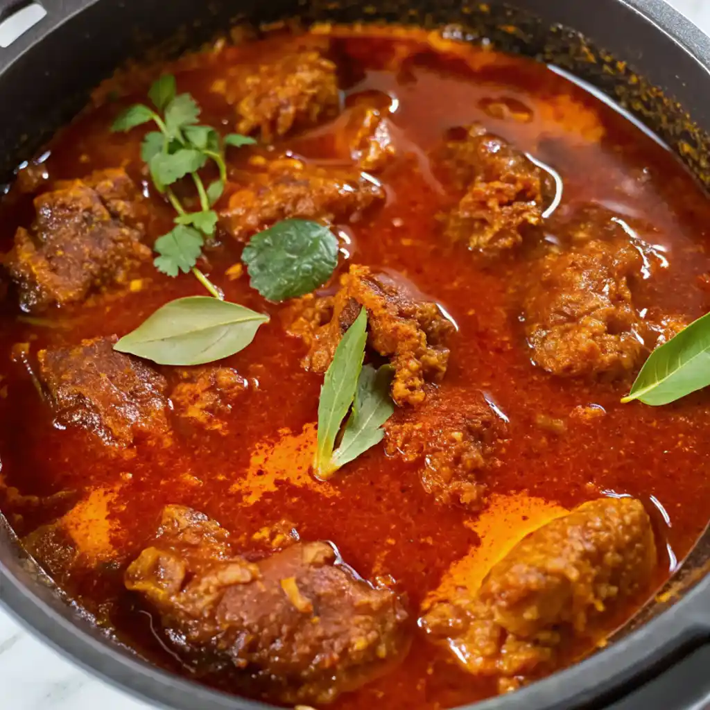 shows a pot filled with a vibrant red-orange lamb vindaloo curry. Tender pieces of lamb are submerged in the rich, spicy sauce, garnished with fresh cilantro and a few bay leaves.