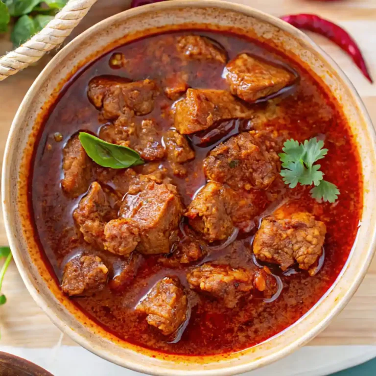 bowl holds a generous serving of lamb vindaloo. The rich, fiery red-orange sauce surrounds tender chunks of meat, garnished with fresh cilantro leaves.