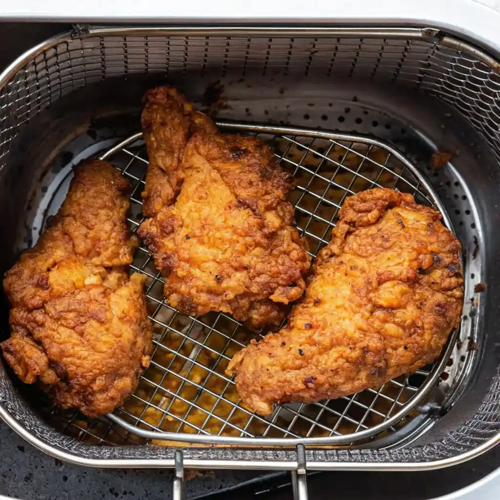 Three pieces of freshly fried chicken, with a crispy, golden brown crust, are placed on a wire basket inside a deep frying pan after cooking.