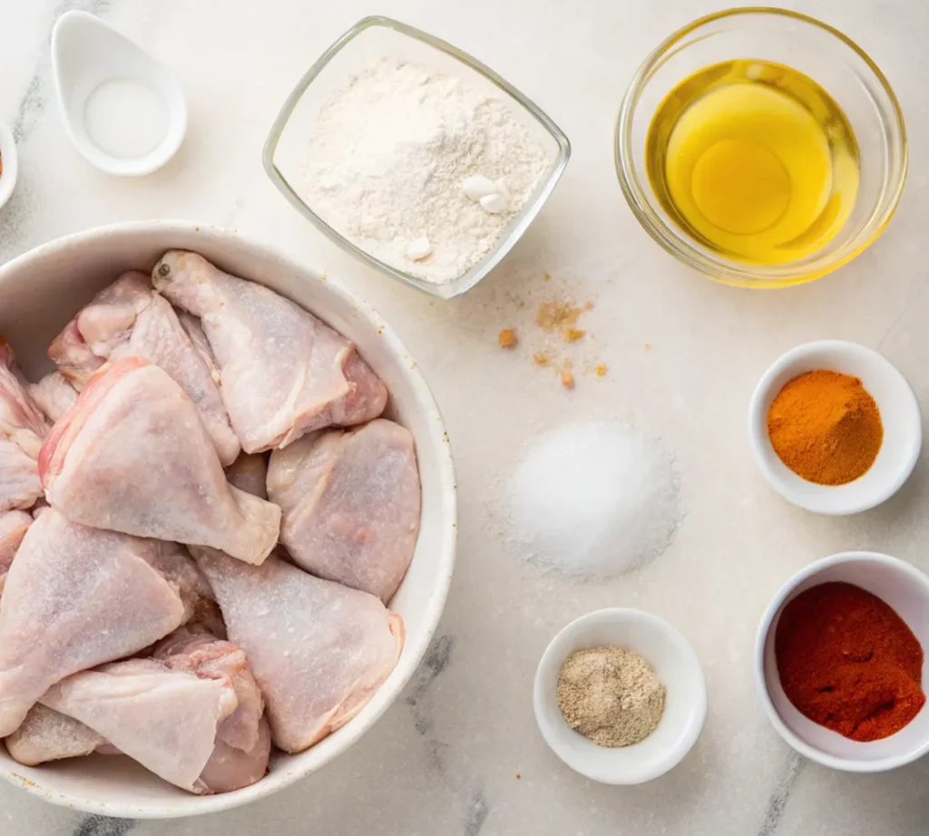 Ingredients for New York-style fried chicken Raw chicken thighs and wings in a bowl, surrounded by ingredients such as flour, cooking oil, salt, turmeric, paprika and white pepper.