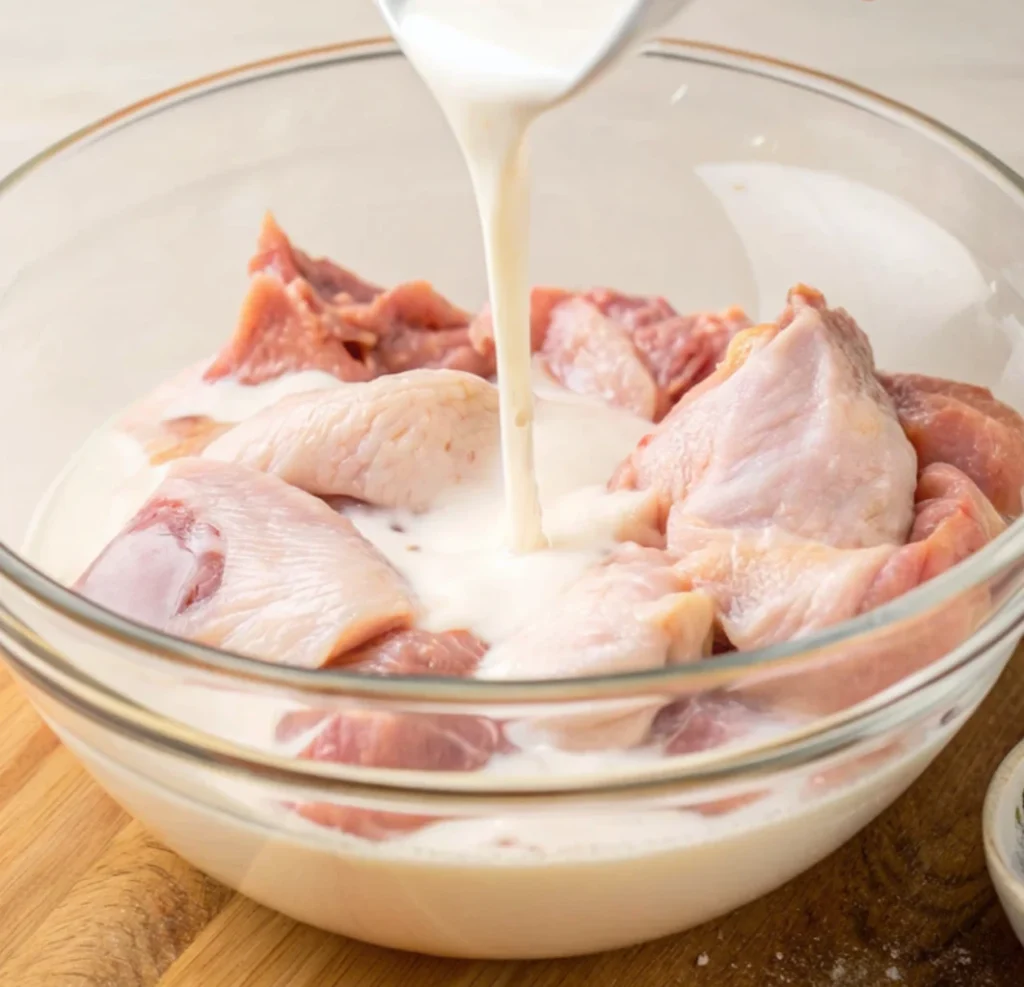 Chicken wings and thighs, soaked in a transparent glass bowl while milk is poured over them.