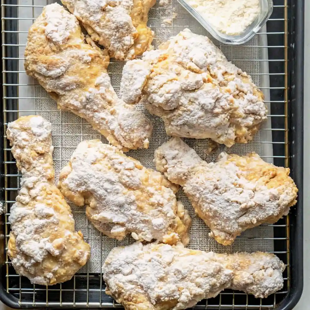 seven pieces of raw chicken, including thighs and legs, completely covered in a seasoned flour mixture, placed on a wire rack above a black tray.’