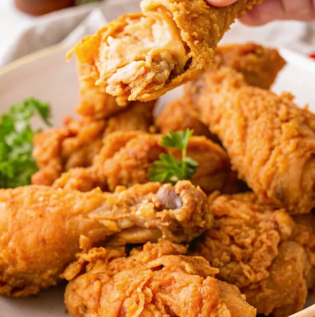 Close-up of a serving platter filled with several pieces of New York fried chicken, featuring a deeply golden-brown and crispy crust, garnished with a single sprig of fresh parsley.