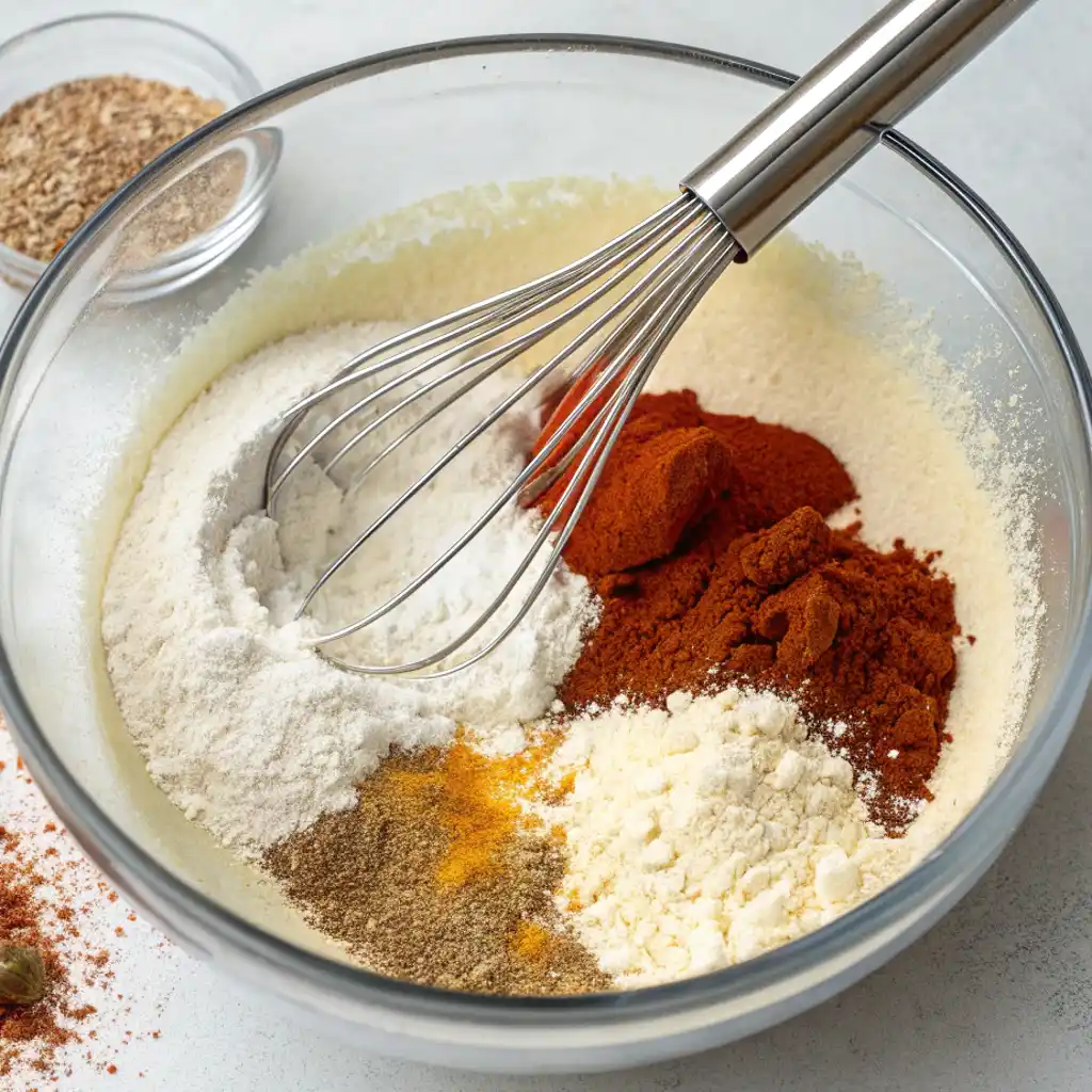 A whisk rests inside a glass bowl containing a mix of dry ingredients, including cornstarch, paprika, garlic powder, cayenne, salt, and pepper.