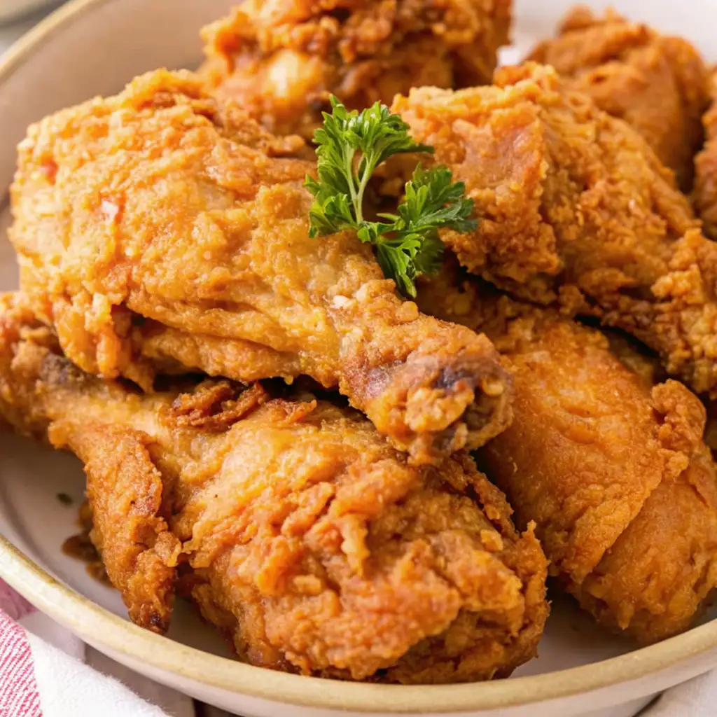 Close-up of a serving platter filled with several pieces of New York fried chicken, featuring a deeply golden-brown and crispy crust, garnished with a single sprig of fresh parsley.