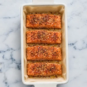 Four raw salmon fillets seasoned with an Asian spice rub, arranged side by side in a white rectangular baking dish lined with parchment paper, placed on a marble surface.