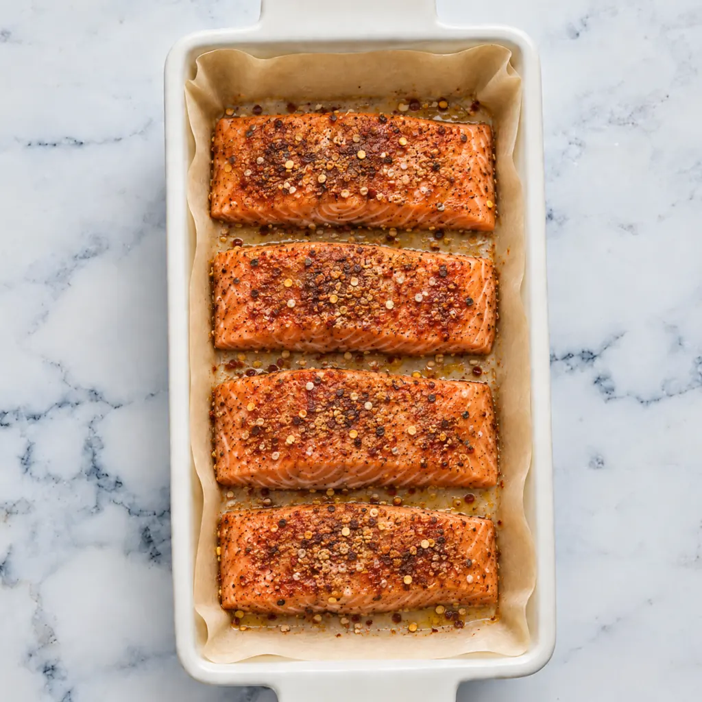 Four raw salmon fillets seasoned with an Asian spice rub, arranged side by side in a white rectangular baking dish lined with parchment paper, placed on a marble surface.