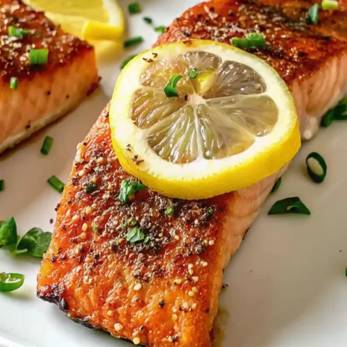 A close-up shot of two perfectly cooked salmon fillets. The fillets are seasoned with a dark Salmon Asian Rub Recipe, a sprinkle of black pepper, and chopped chives, and garnished with a fresh lemon slice.