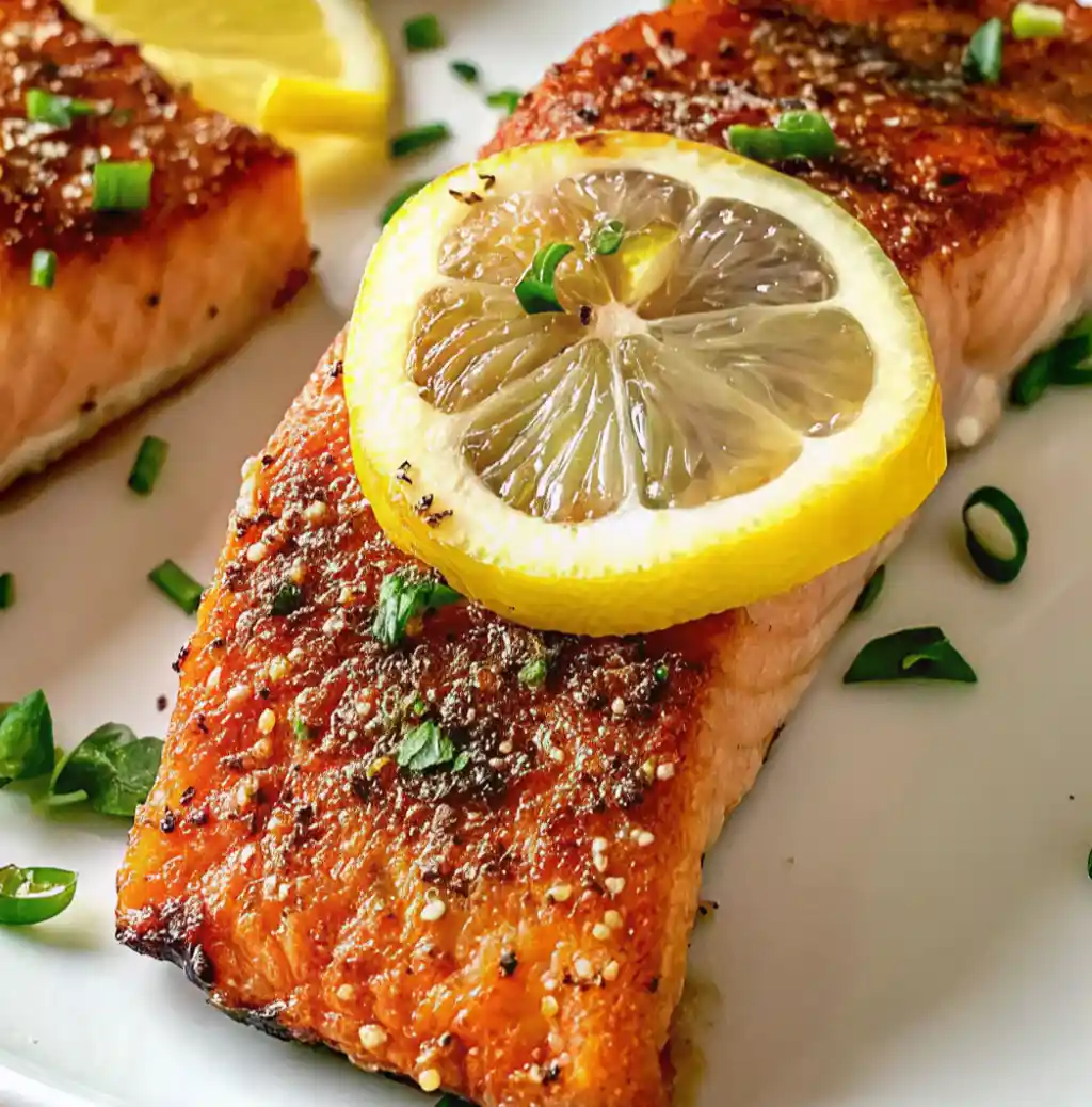 A close-up shot of two perfectly cooked salmon fillets. The fillets are seasoned with a dark Salmon Asian Rub Recipe, a sprinkle of black pepper, and chopped chives, and garnished with a fresh lemon slice.