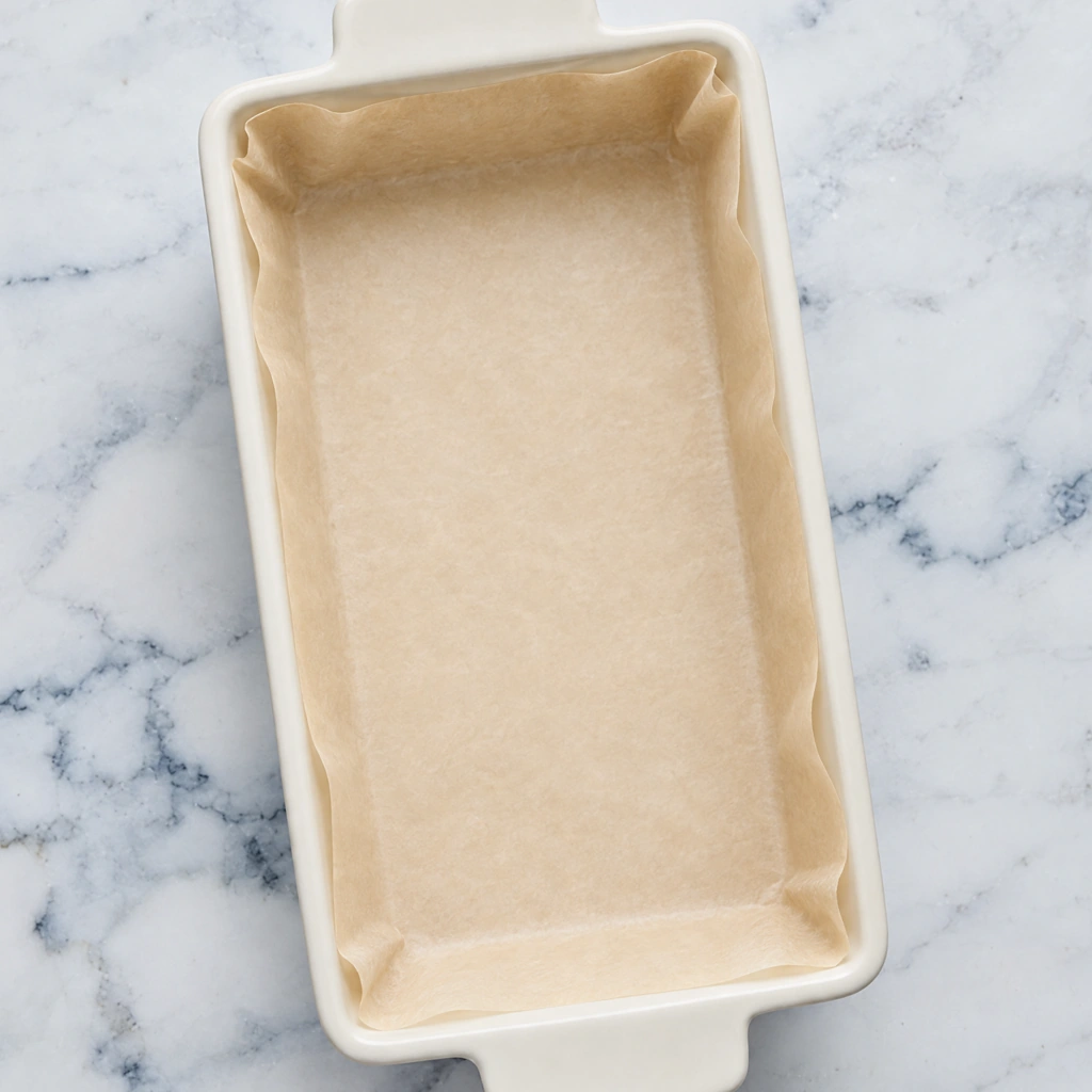 A rectangular white ceramic baking dish lined with beige parchment paper, ready for a recipe, resting flat on a white marble countertop.