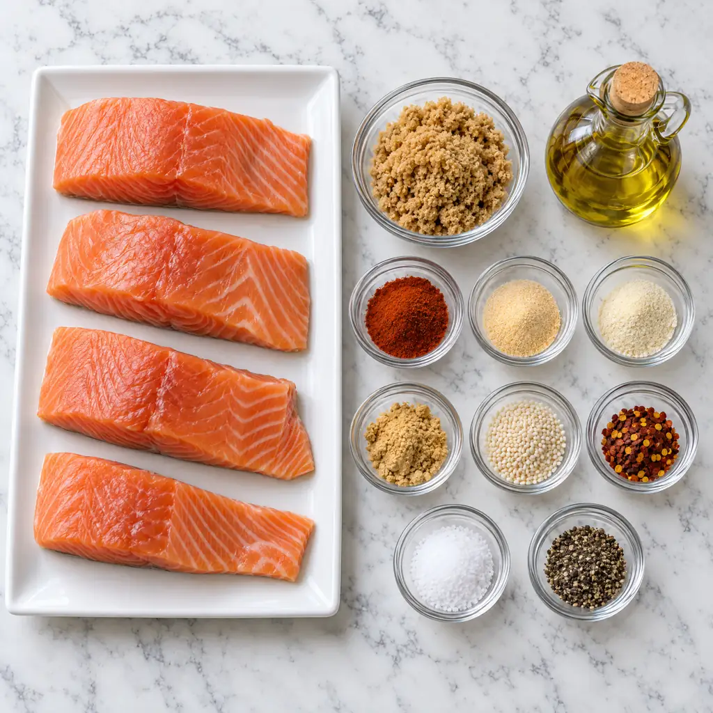 Ingredients for Salmon Asian Rub Recipe: four fresh salmon fillets, olive oil, brown sugar, and assorted spice blends (paprika, garlic, ginger, sesame, chili), on a marble slab.