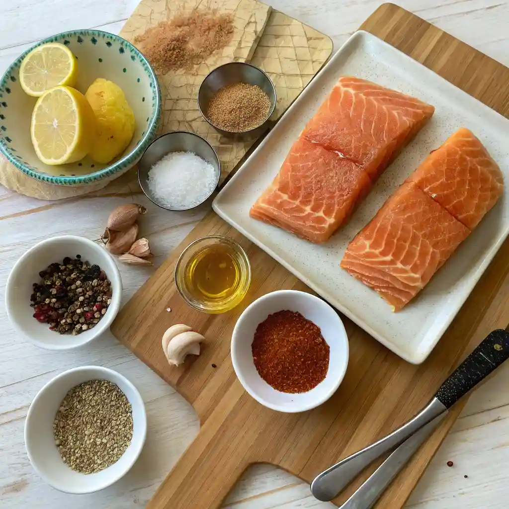  the ingredients for a Salmon Asian Rub Recipe. The image features two raw salmon fillets on a white plate, surrounded by bowls of spices, lemon wedges, salt, brown sugar, garlic, and oil, all arranged on a wooden cutting board.