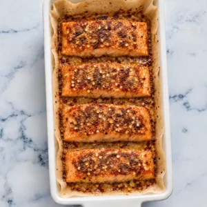 Salmon Asian Rub Recipe Four slices of salmon, cooked and seasoned with an Asian spice blend, roasted in the oven until golden brown on a white rectangular dish lined with parchment paper, placed on a marble surface.