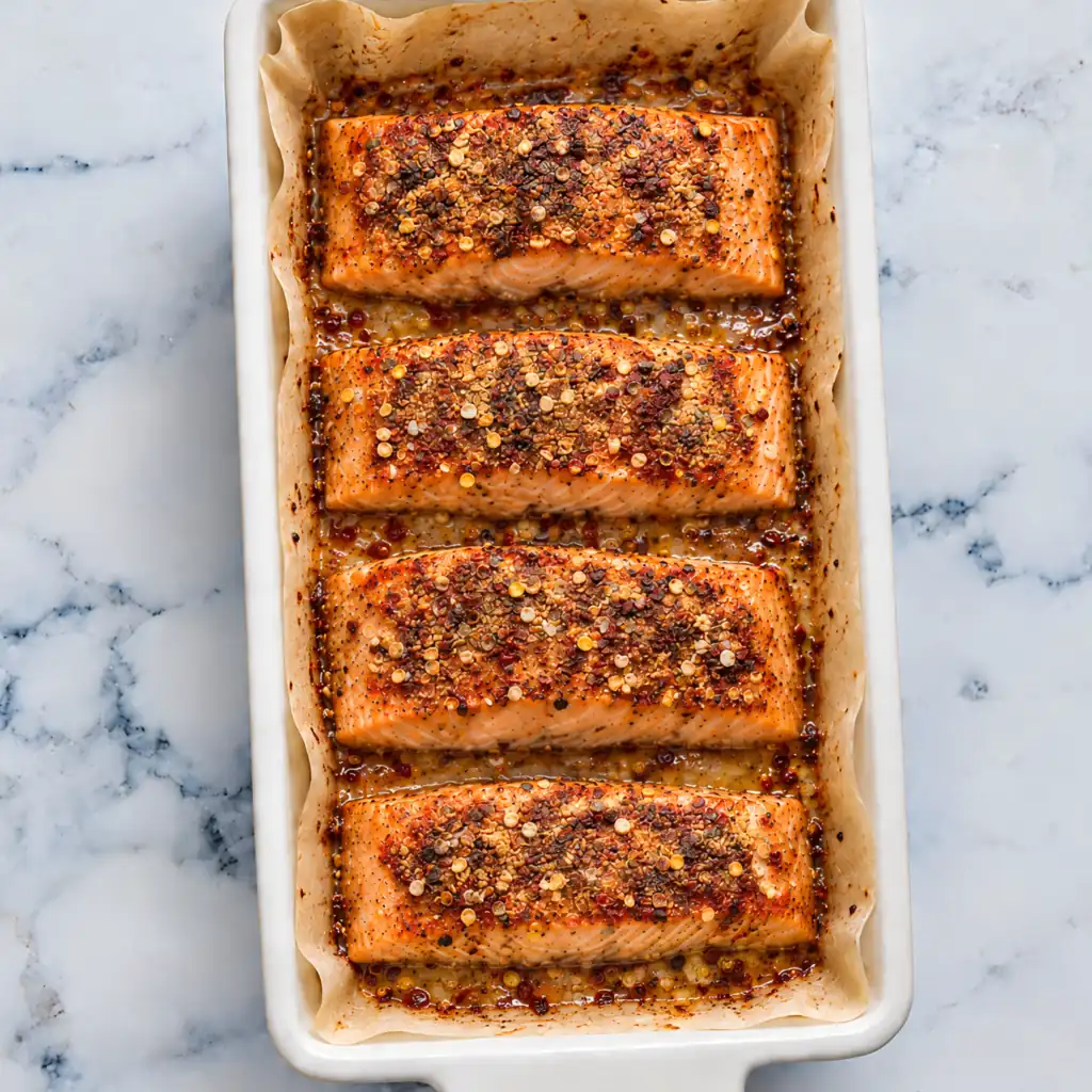 Salmon Asian Rub Recipe Four slices of salmon, cooked and seasoned with an Asian spice blend, roasted in the oven until golden brown on a white rectangular dish lined with parchment paper, placed on a marble surface.