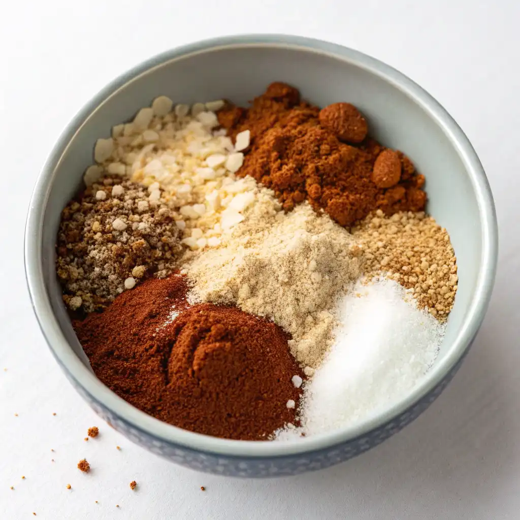 small light blue bowl filled with the individual ingredients for a Salmon Asian Rub Recipe. The ingredients—including brown sugar, smoked paprika, garlic powder, and others—are neatly separated, showing off their unique textures and colors.