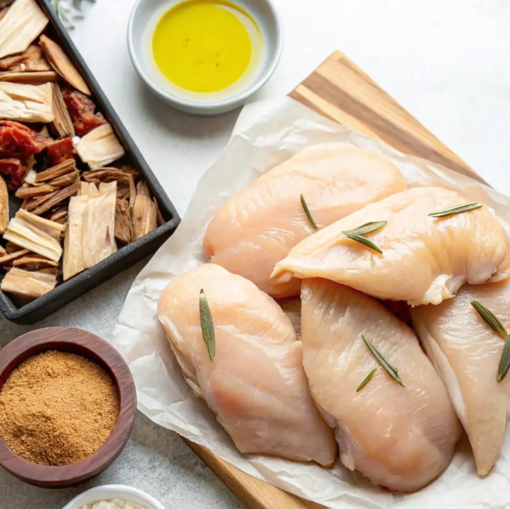 four raw chicken breasts seasoned with rosemary sprigs on parchment paper. The other ingredients visible are a bowl of olive oil, a small bowl of spice rub, and a black tray containing wood chips for smoking.