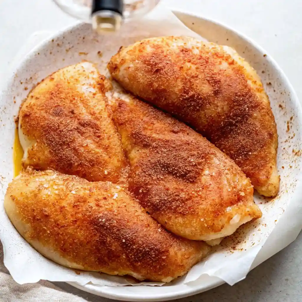 four raw chicken breasts that have been generously coated with a spice rub, featuring deep red and brown colors, resting in a white bowl lined with parchment paper, ready for smoking.