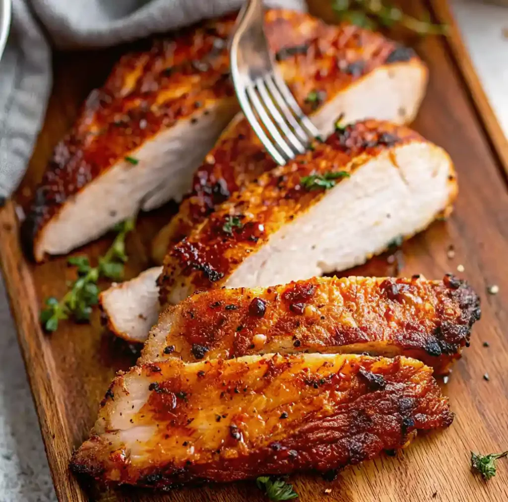 A platter holds four whole smoked chicken breasts Recipe and some sliced pieces, displaying a dark, crusty spice rub. The finished dish is garnished with lemon wedges and fresh herbs like parsley and thyme, suggesting a flavorful meal.