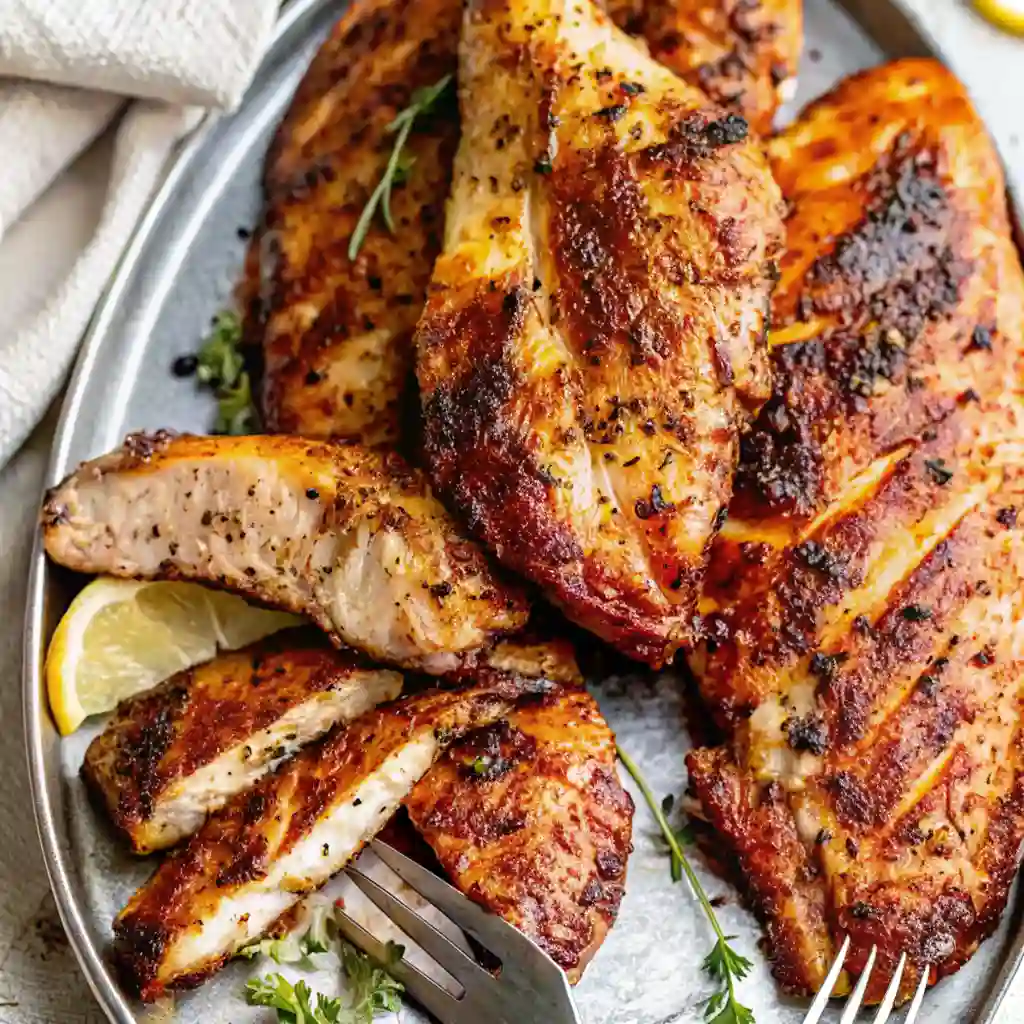 perfectly smoked chicken breast Recipe that has been sliced on a wooden cutting board. The chicken has a dark, crusty, seasoned exterior and a juicy white interior, with a fork piercing one of the slices.