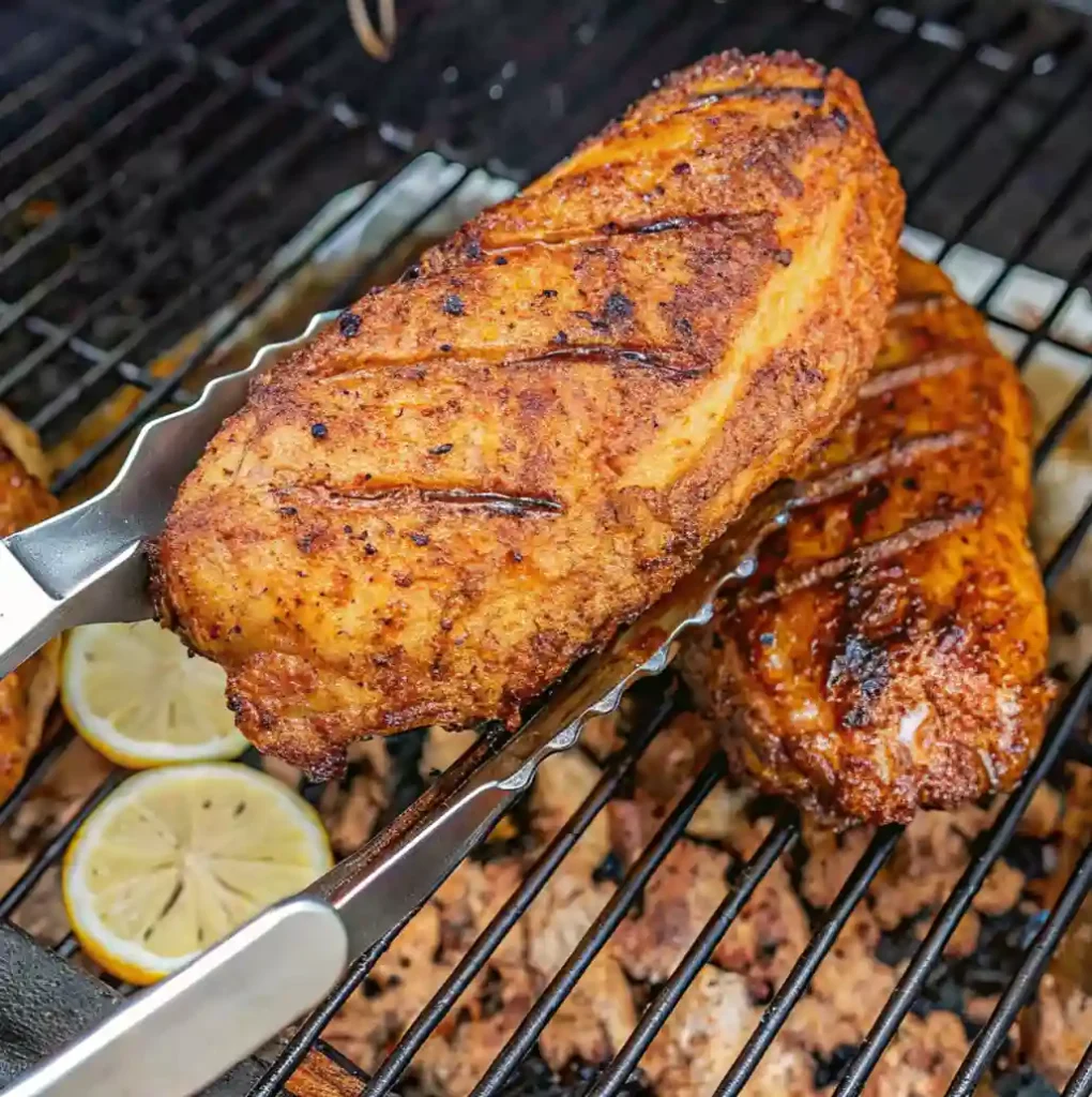 A pair of tongs holds a thick, smoked chicken breast Recipe with a dark, spiced crust directly over the grill grates. There are lemon slices visible below, and another seasoned chicken breast is partially visible in the background.