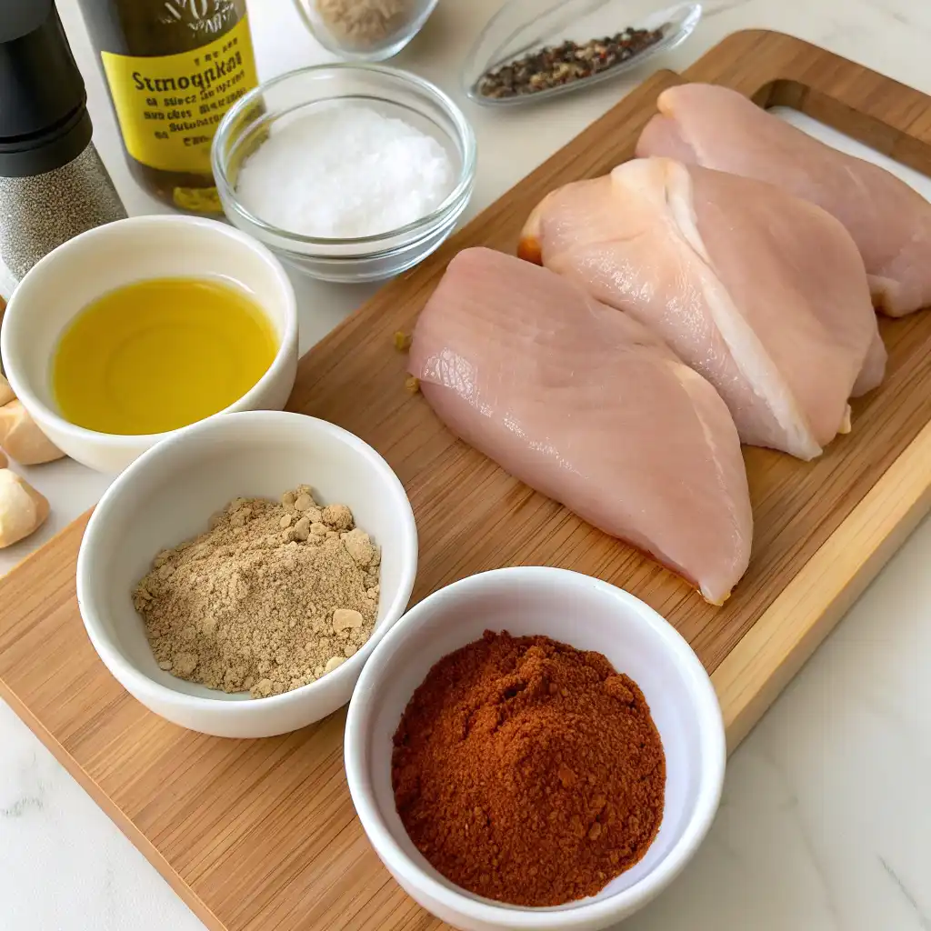 This image shows the ingredients for a smoked chicken breast recipe, including three raw chicken breasts, olive oil, salt, pepper, and bowls of various spices on a wooden board.
