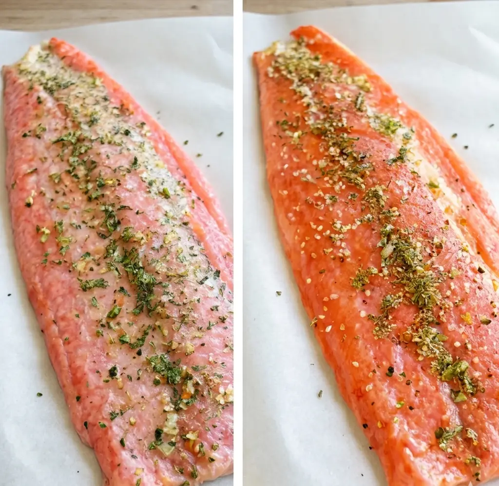 The photo on the right shows the whole Steelhead Trout Recipe completely coated in spices, placed on a baking sheet lined with parchment paper.