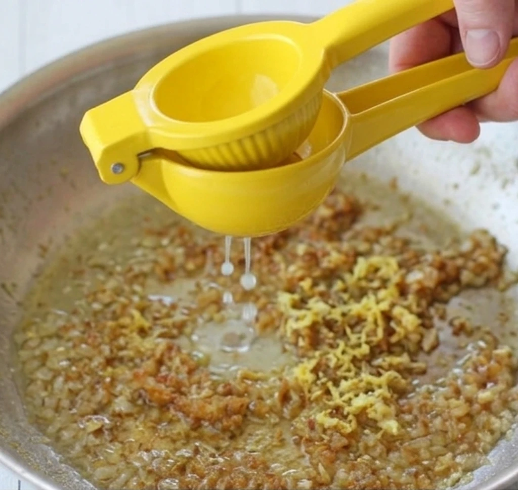 A frying pan with minced garlic and spices. Squeeze fresh lemon juice over the garlic.