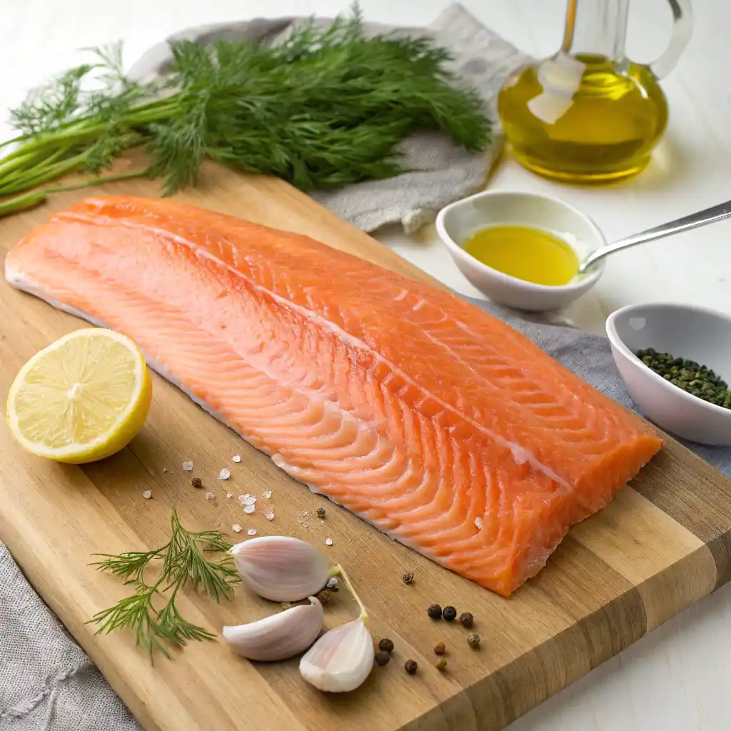 A vibrant steelhead trout fillet on a cutting board, surrounded by fresh dill, lemon halves, garlic cloves, capers, olive oil, salt, and peppercorns, ready for seasoning.
