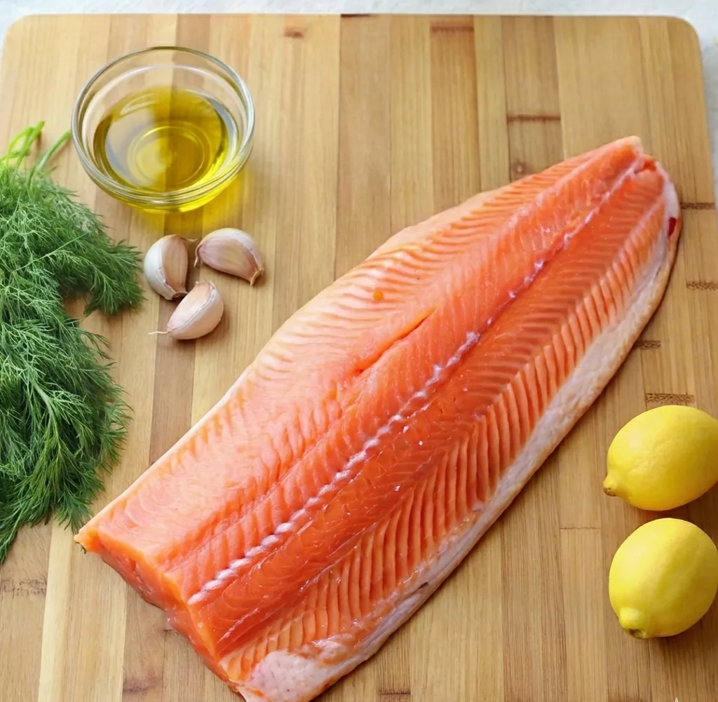 A vibrant steelhead trout fillet on a cutting board, surrounded by fresh dill, lemon halves, garlic cloves, capers, olive oil, salt, and peppercorns, ready for seasoning.