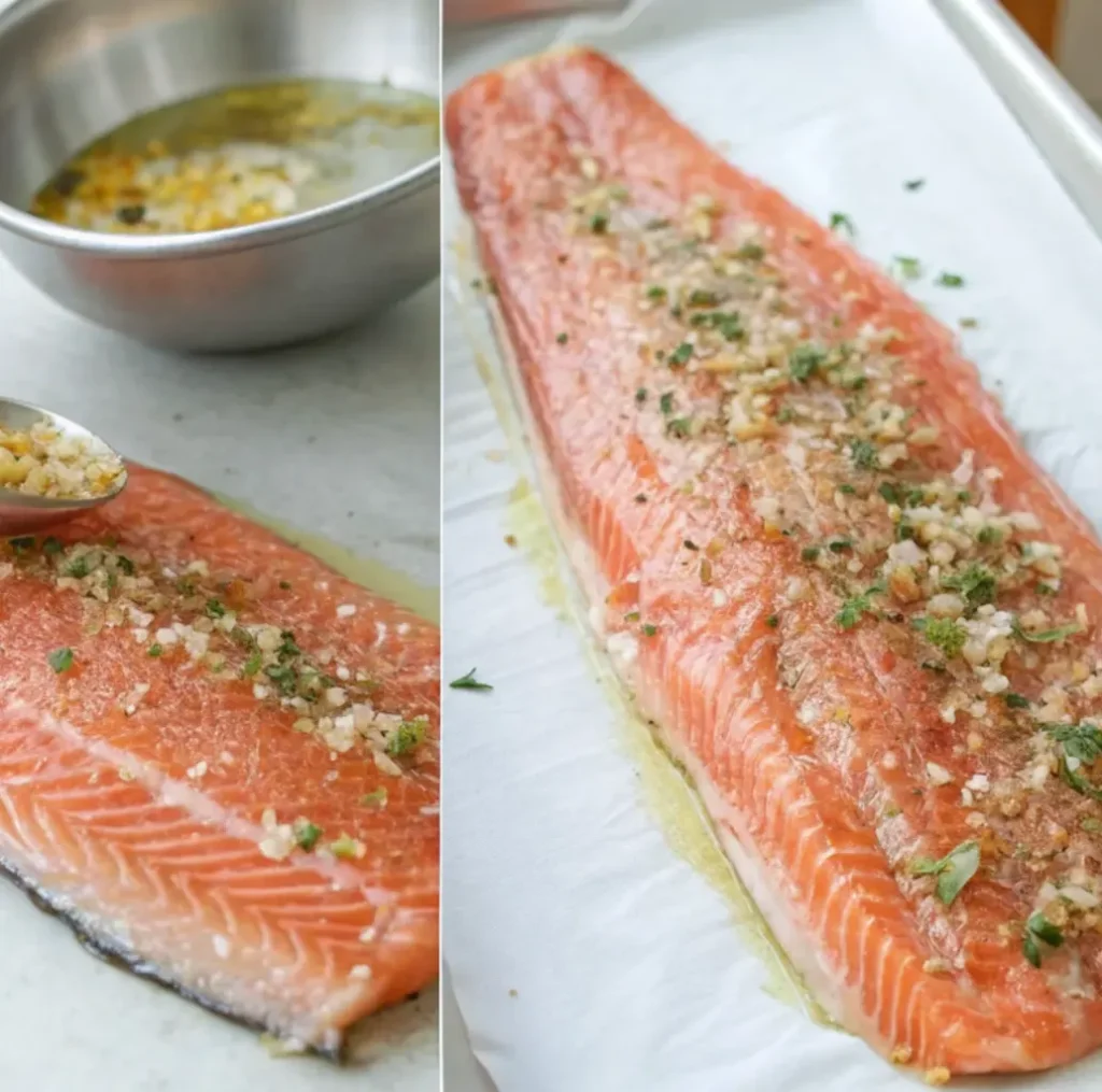 Two steps in preparing steelhead trout for cooking: the left image shows a spoonful of garlic and herb seasoning being placed on the fillet, and the right image shows the entire fillet, fully coated, resting on a parchment-lined baking sheet.
