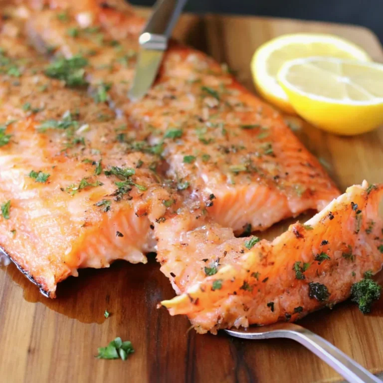 A large, golden-brown steelhead trout Recipe fillet, cooked to perfection, is presented on a wooden board. It's garnished with fresh dill and flanked by slices of bright yellow lemon, ready to be served.