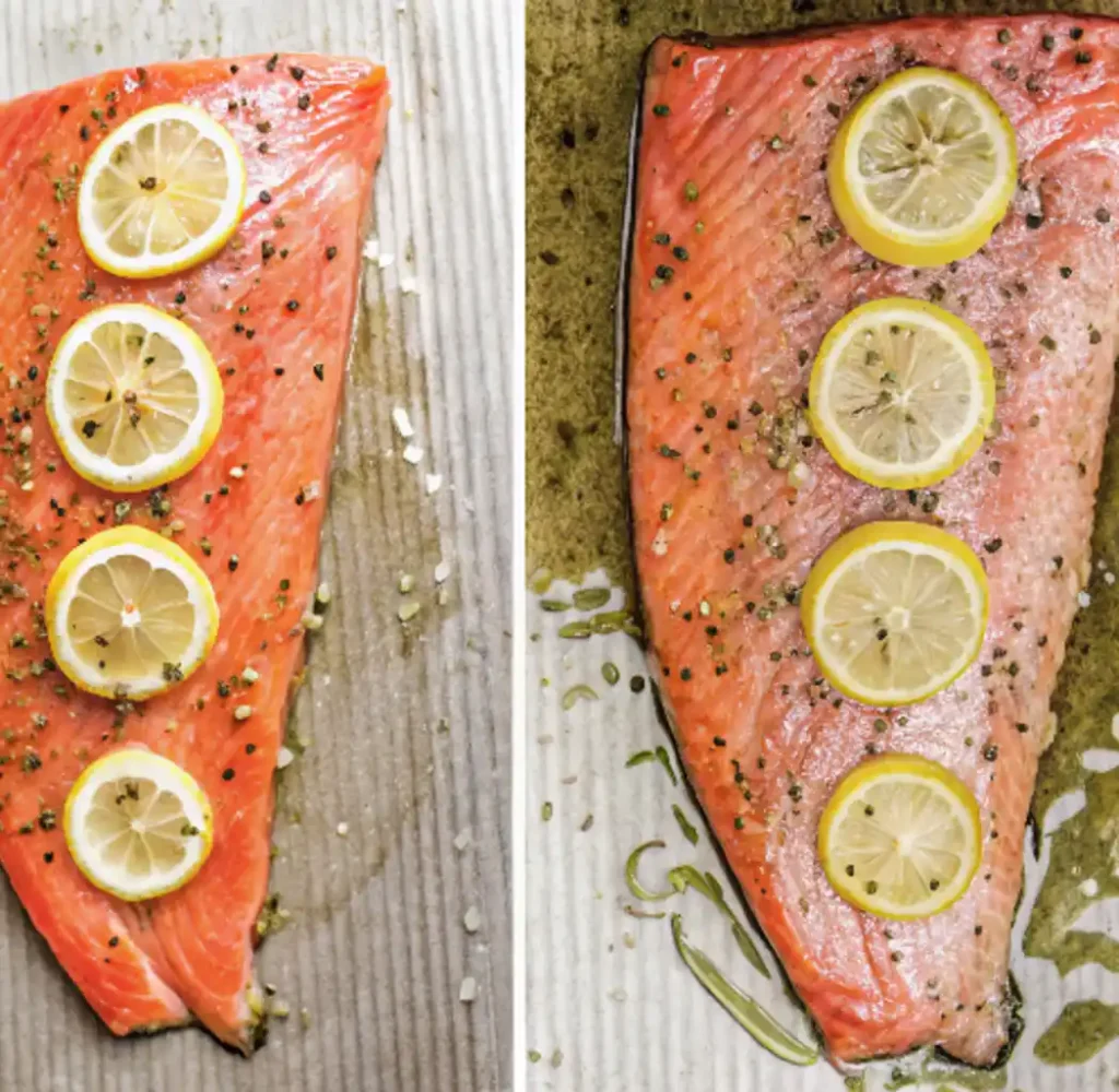 Photo of trout fillet on a baking tray seasoned with salt, pepper, and lemon slices after cooking