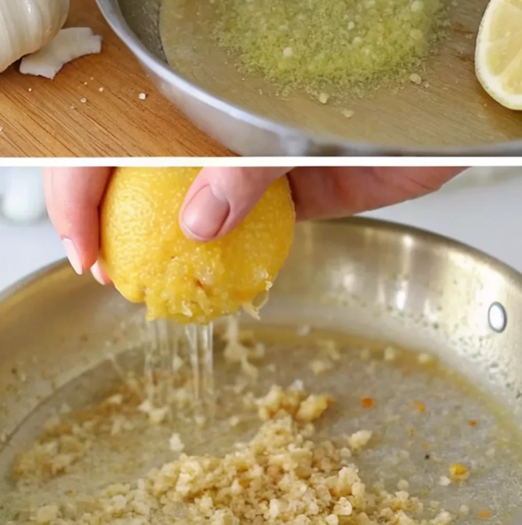 A frying pan with minced garlic and spices. Squeeze fresh lemon juice over the garlic.