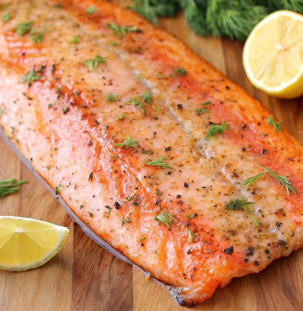 A plated meal of perfectly cooked steelhead trout Recipe fillet, garnished with fresh lemon slices and parsley, served alongside a vibrant green bundle of roasted asparagus, ready to be eaten.