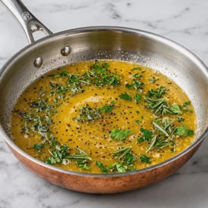 Savory turkey injection mixture simmered in a stainless steel skillet with melted butter, fresh chopped parsley, rosemary leaves, and cracked black pepper on a white marble surface.