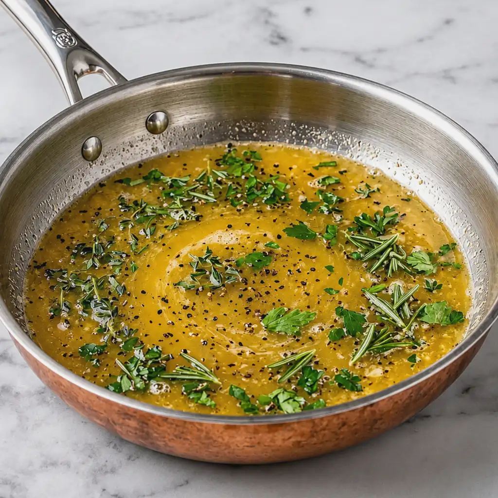 Savory turkey injection mixture simmered in a stainless steel skillet with melted butter, fresh chopped parsley, rosemary leaves, and cracked black pepper on a white marble surface.