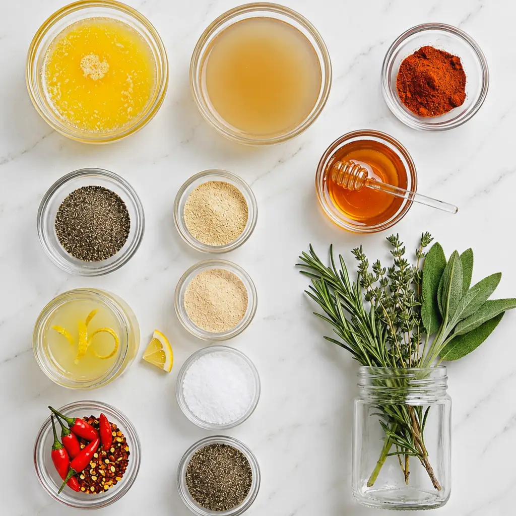 turkey injection recipe ingredients in glass bowls on a white marble surface, including melted butter, broth, honey, spices, lemon juice, chili peppers, and fresh herbs.