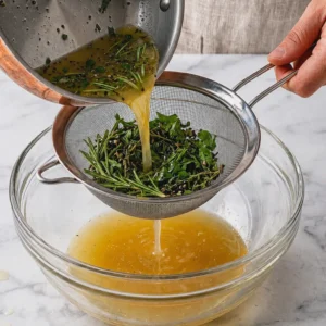 Warm turkey injection marinade being strained from a skillet through a fine mesh sieve into a clear glass bowl to catch fresh rosemary sprigs and herbs.