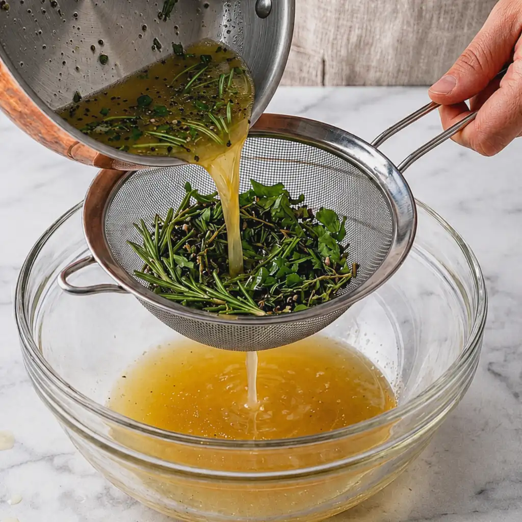 Warm turkey injection marinade being strained from a skillet through a fine mesh sieve into a clear glass bowl to catch fresh rosemary sprigs and herbs.