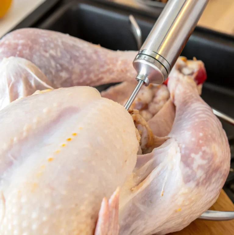 A turkey is being injected with a marinade using a stainless steel injector, presumably to add flavor and moisture before cooking.