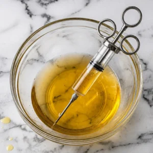 glass bowl containing a strained, golden-yellow turkey injection liquid. A stainless steel marinade injector is submerged, drawing up the liquid.