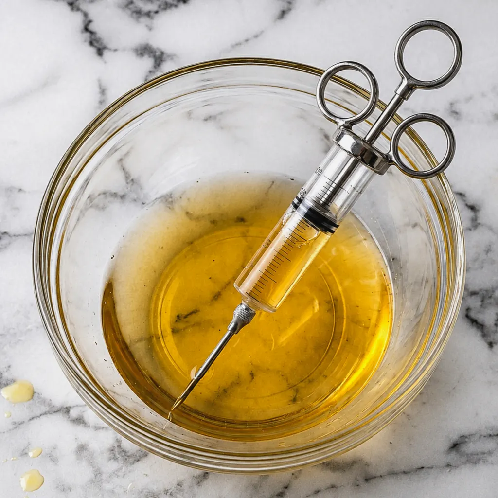 glass bowl containing a strained, golden-yellow turkey injection liquid. A stainless steel marinade injector is submerged, drawing up the liquid.