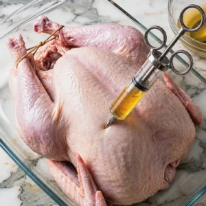 Turkey Injection Recipe A raw whole turkey resting in a glass baking dish, being injected in the breast with a golden butter-herb marinade using a stainless steel marinade syringe.