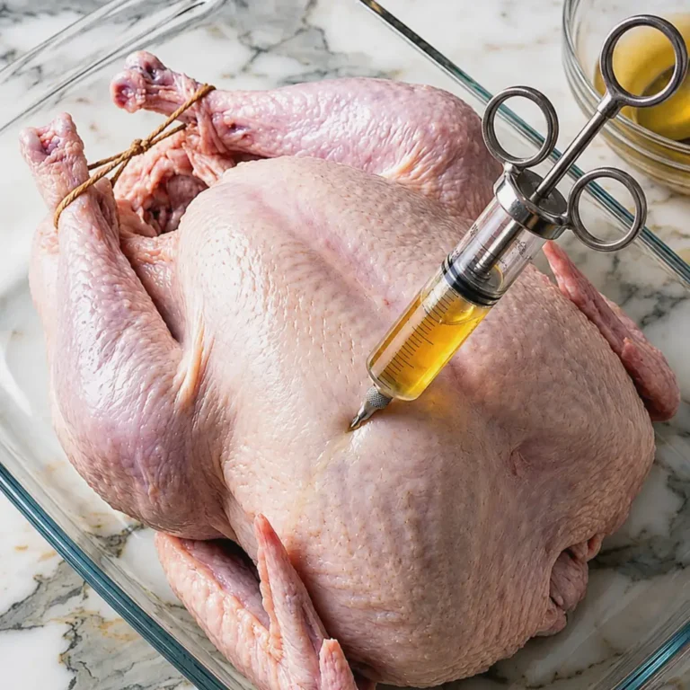 Turkey Injection Recipe A raw whole turkey resting in a glass baking dish, being injected in the breast with a golden butter-herb marinade using a stainless steel marinade syringe.