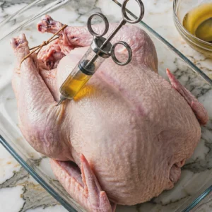 Turkey Injection Recipe A raw whole turkey resting in a glass baking dish, being injected in the breast with a golden butter-herb marinade using a stainless steel marinade syringe.