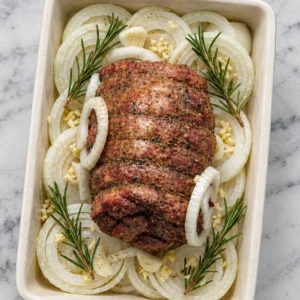 Seared tied venison roast placed on a bed of sliced white onions, minced garlic, and fresh rosemary sprigs in a rectangular ceramic baking dish.