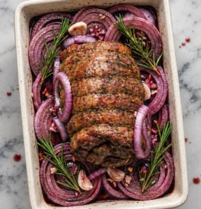 Seared tied venison roast resting on sliced red onions, fresh rosemary, and garlic cloves in red wine marinading in a ceramic baking dish.