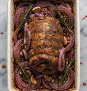 Roasted tied venison roast served over soft, caramelized red onions, roasted garlic, and rosemary sprigs in a rectangular baking pan.
