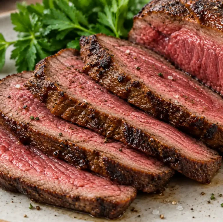 Slices of medium-rare, seared venison roast recipe with a browned, seasoned crust arranged on a platter with fresh parsley garnish.